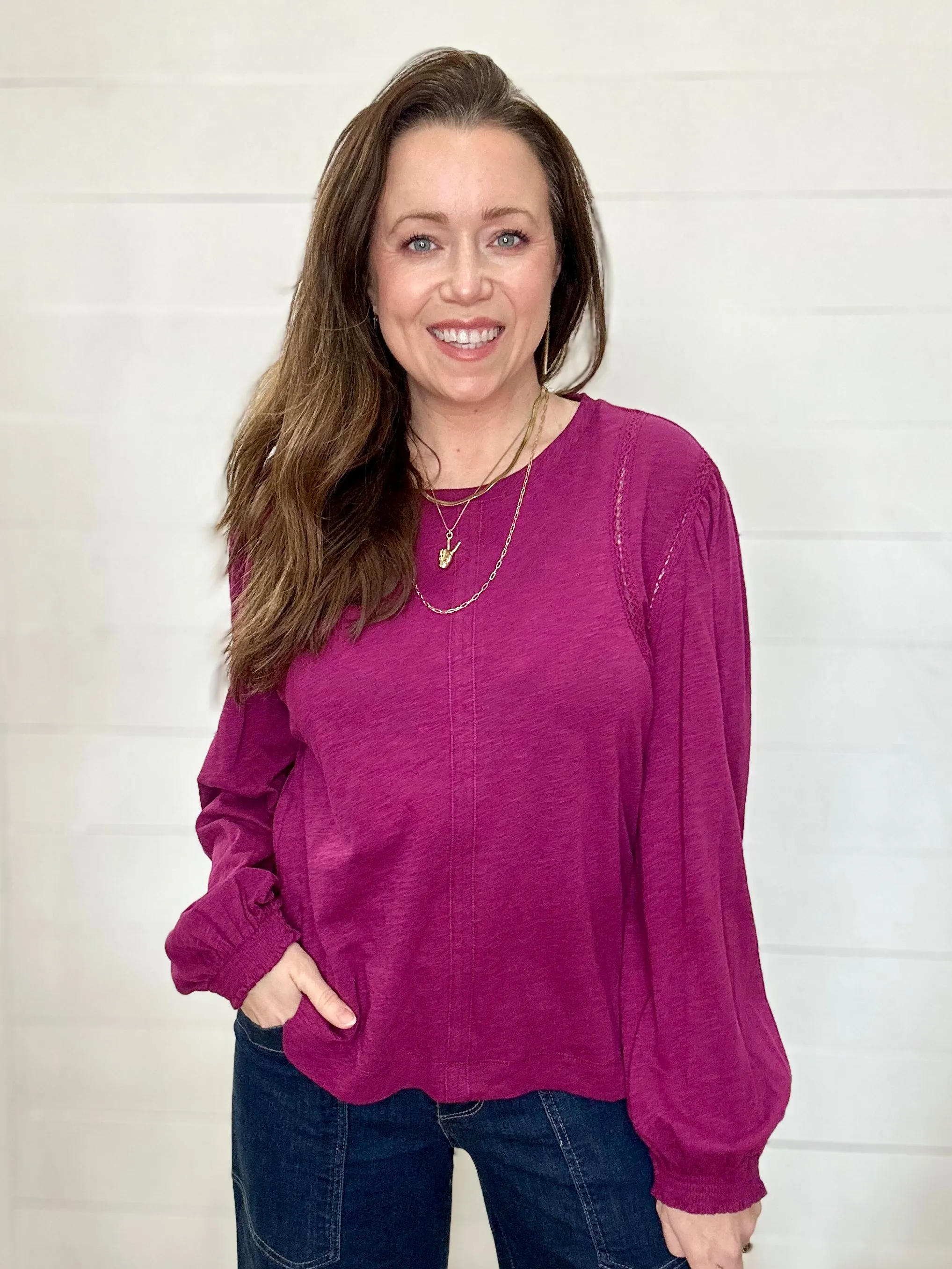 Lace-Detail Long-Sleeve Top in Berry