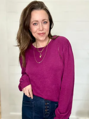 Lace-Detail Long-Sleeve Top in Berry