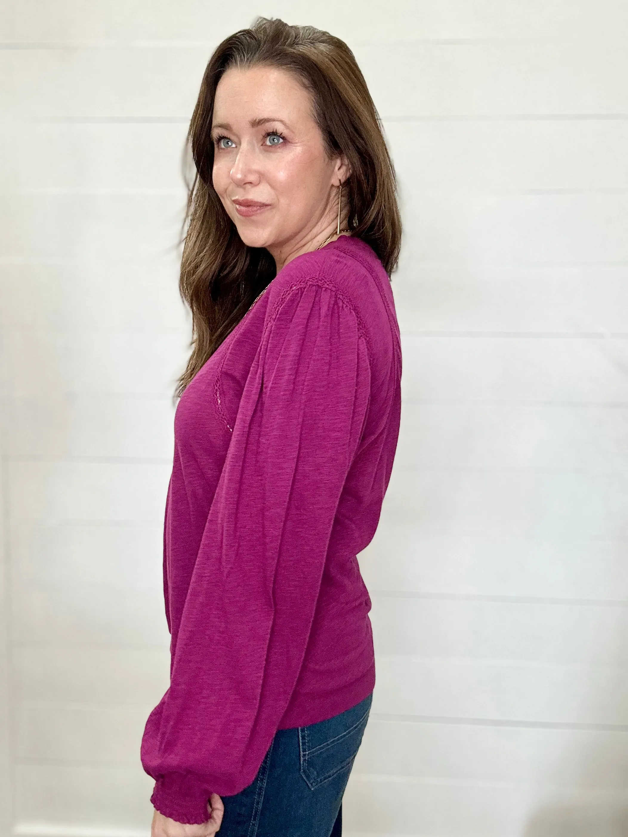 Lace-Detail Long-Sleeve Top in Berry