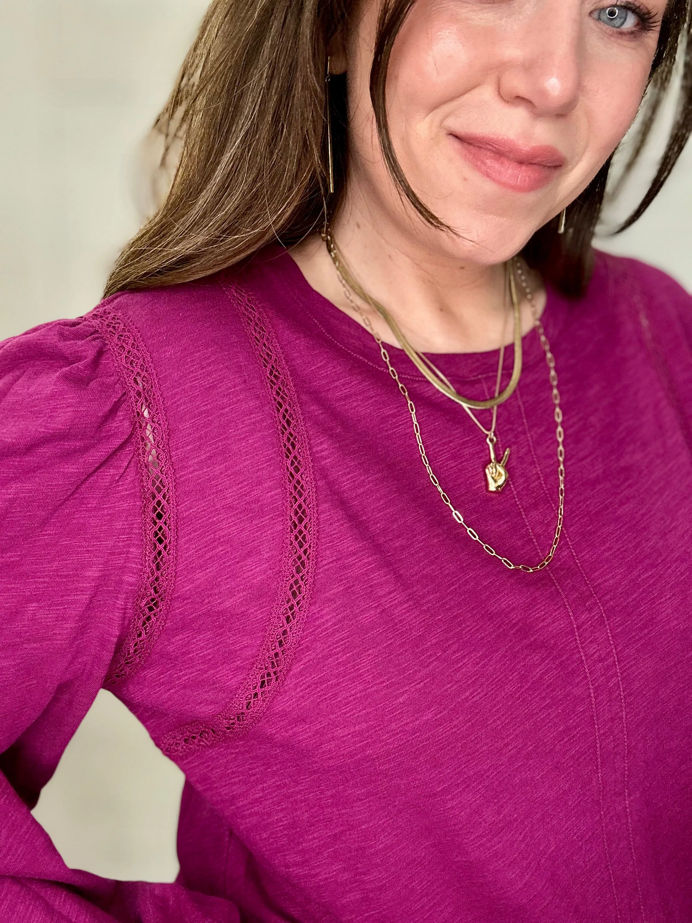 Lace-Detail Long-Sleeve Top in Berry