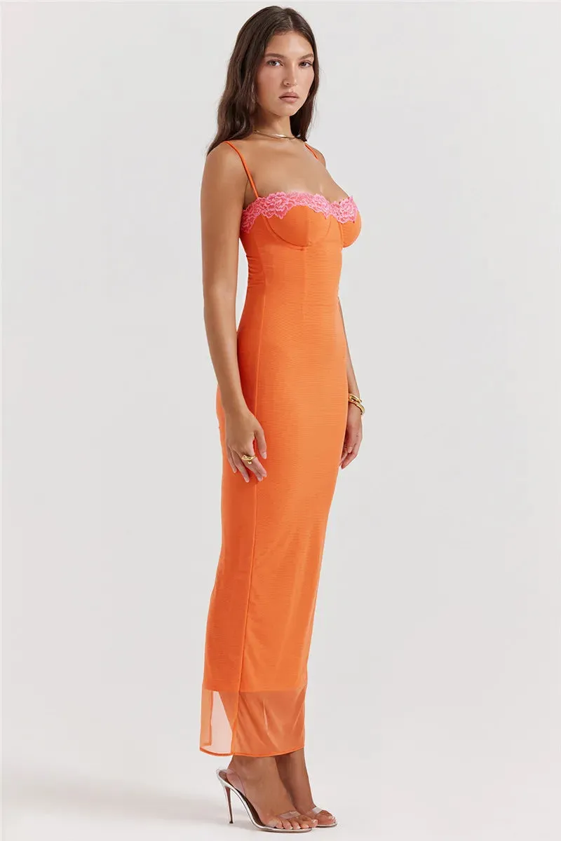 Lace Spaghetti Strap Mesh Midi Dress
