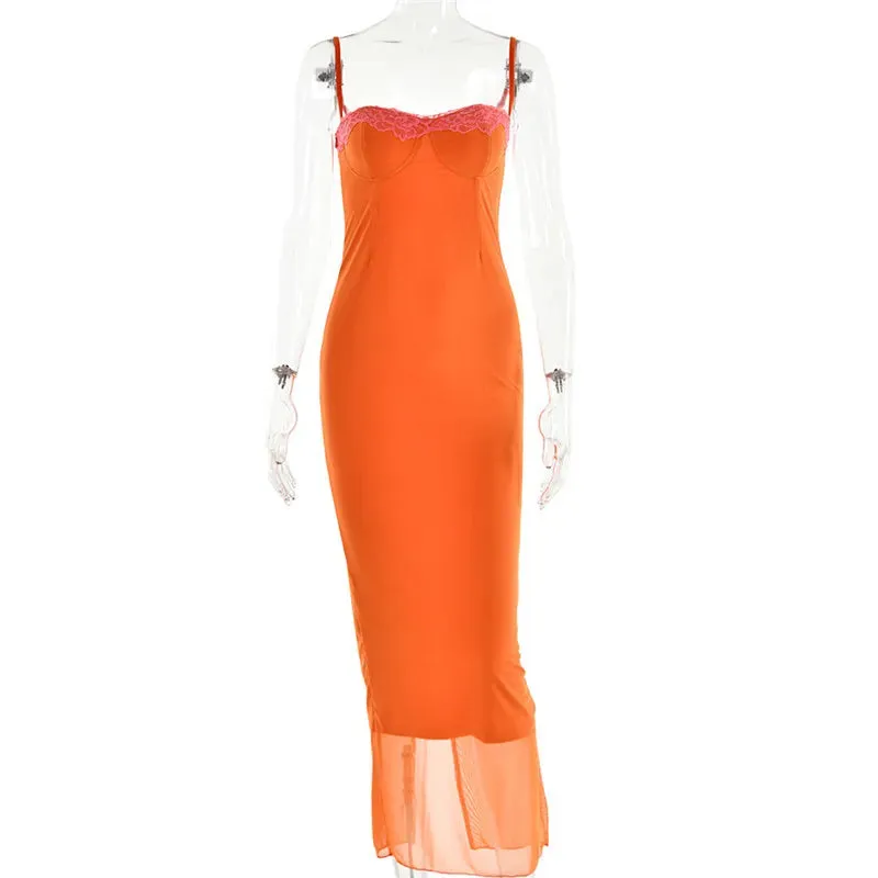 Lace Spaghetti Strap Mesh Midi Dress