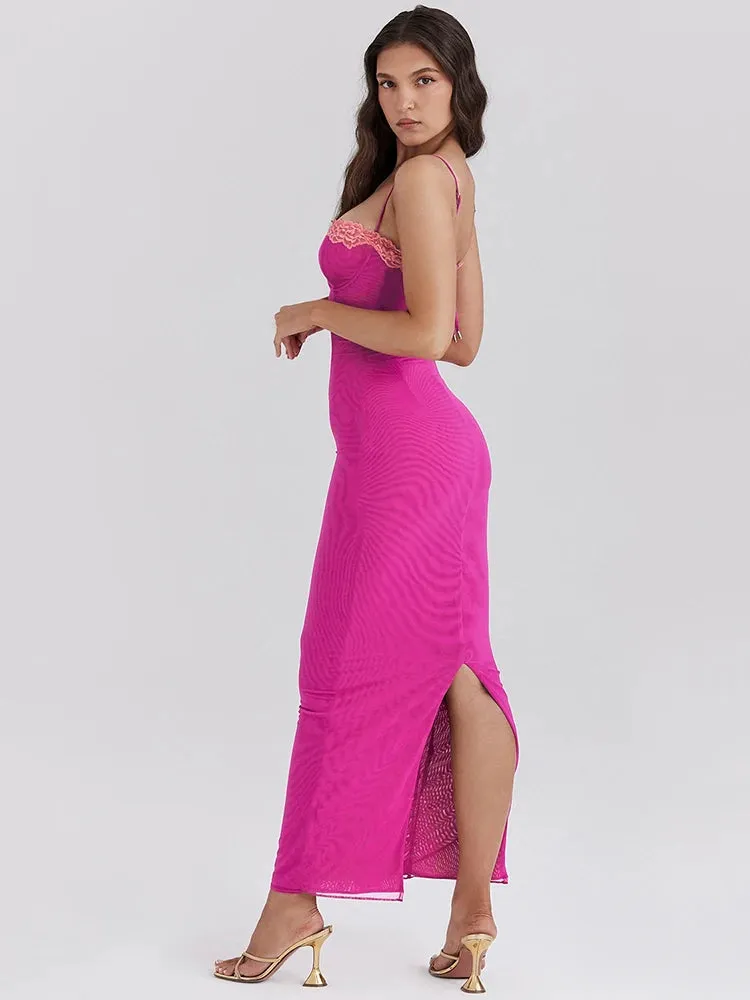 Lace Spaghetti Strap Mesh Midi Dress