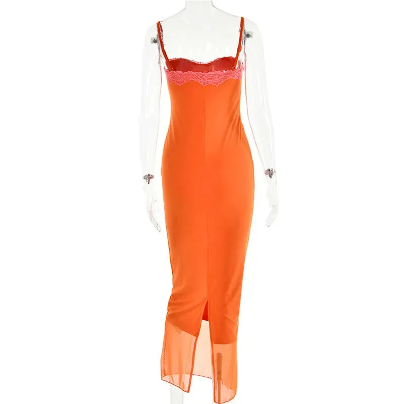 Lace Spaghetti Strap Mesh Midi Dress