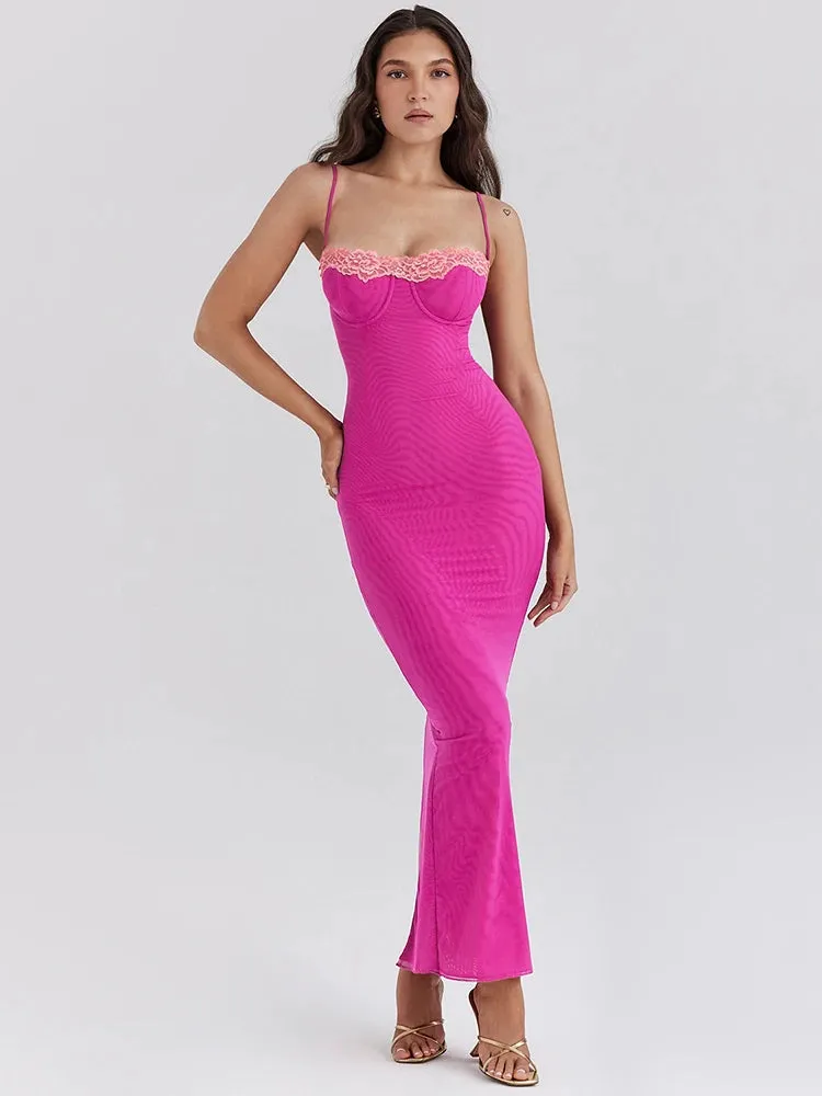 Lace Spaghetti Strap Mesh Midi Dress