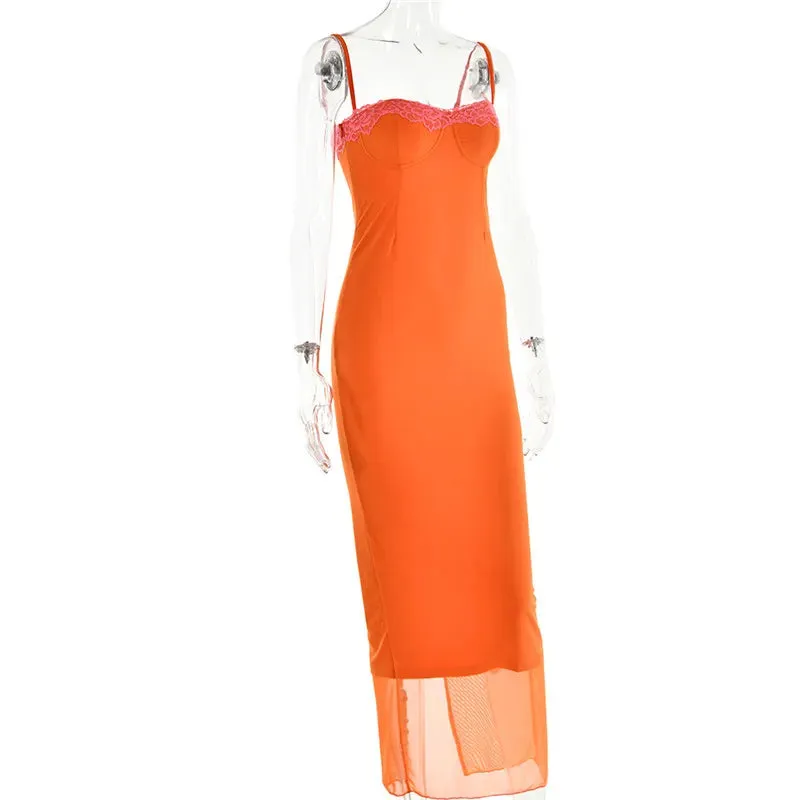 Lace Spaghetti Strap Mesh Midi Dress