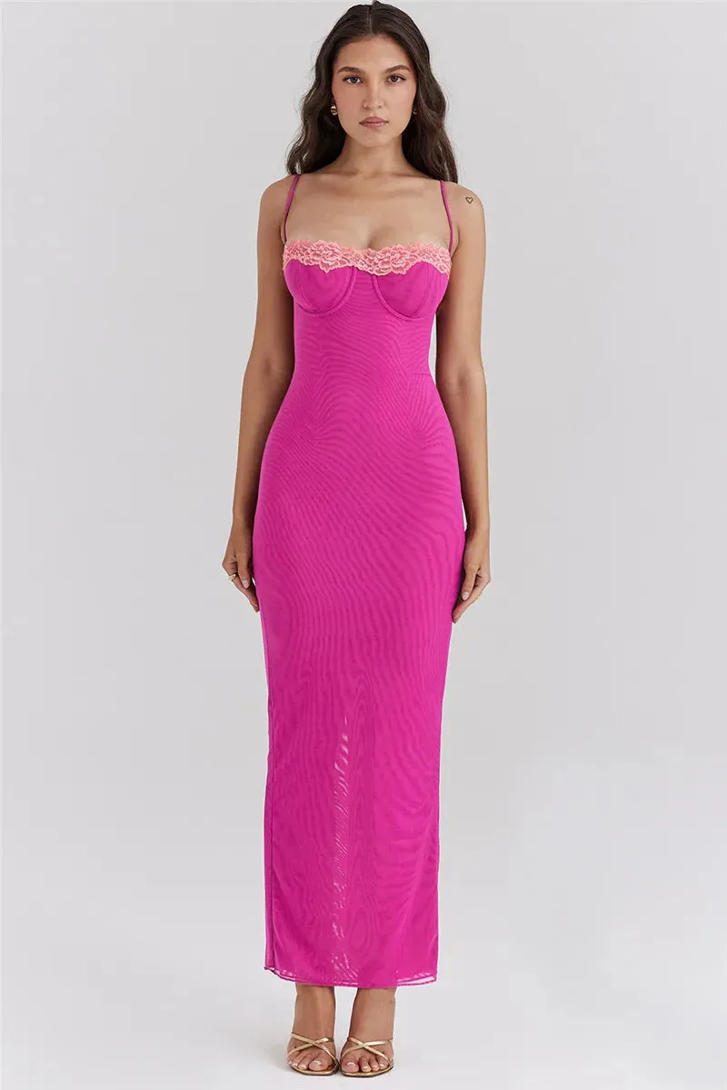 Lace Spaghetti Strap Mesh Midi Dress