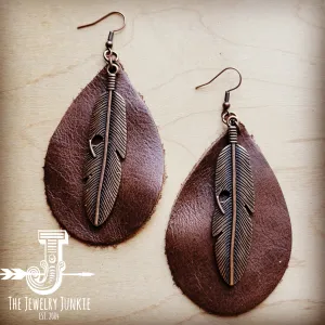 Leather Teardrop Earrings Brown w/ Copper Feather 208a