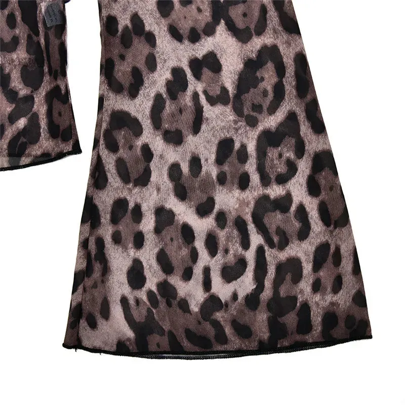 Leopard Mesh Tops Women Chiffon Lace-up V Neck Long Flare Sleeve Blouse Femme Fashion Print T-shirt Elegant Loose Tops