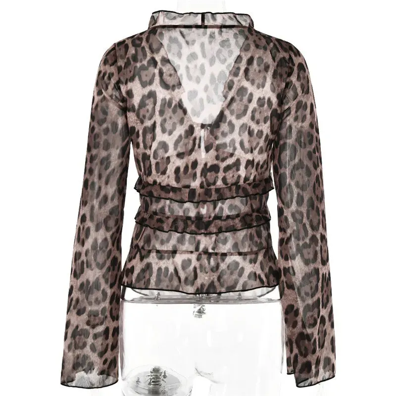 Leopard Mesh Tops Women Chiffon Lace-up V Neck Long Flare Sleeve Blouse Femme Fashion Print T-shirt Elegant Loose Tops