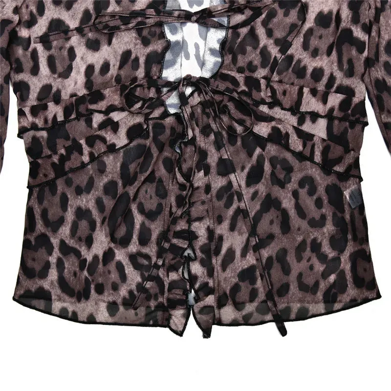 Leopard Mesh Tops Women Chiffon Lace-up V Neck Long Flare Sleeve Blouse Femme Fashion Print T-shirt Elegant Loose Tops
