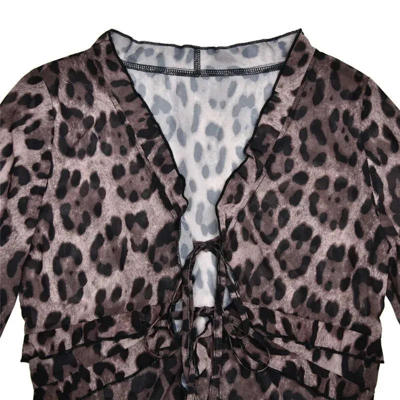 Leopard Mesh Tops Women Chiffon Lace-up V Neck Long Flare Sleeve Blouse Femme Fashion Print T-shirt Elegant Loose Tops