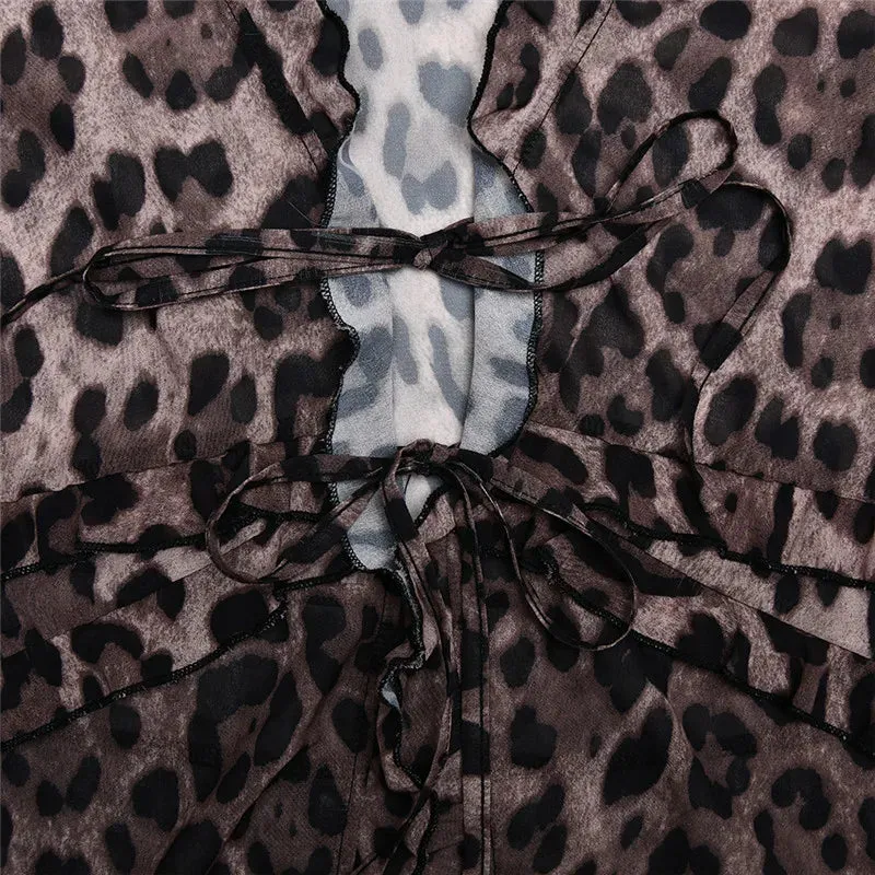 Leopard Mesh Tops Women Chiffon Lace-up V Neck Long Flare Sleeve Blouse Femme Fashion Print T-shirt Elegant Loose Tops