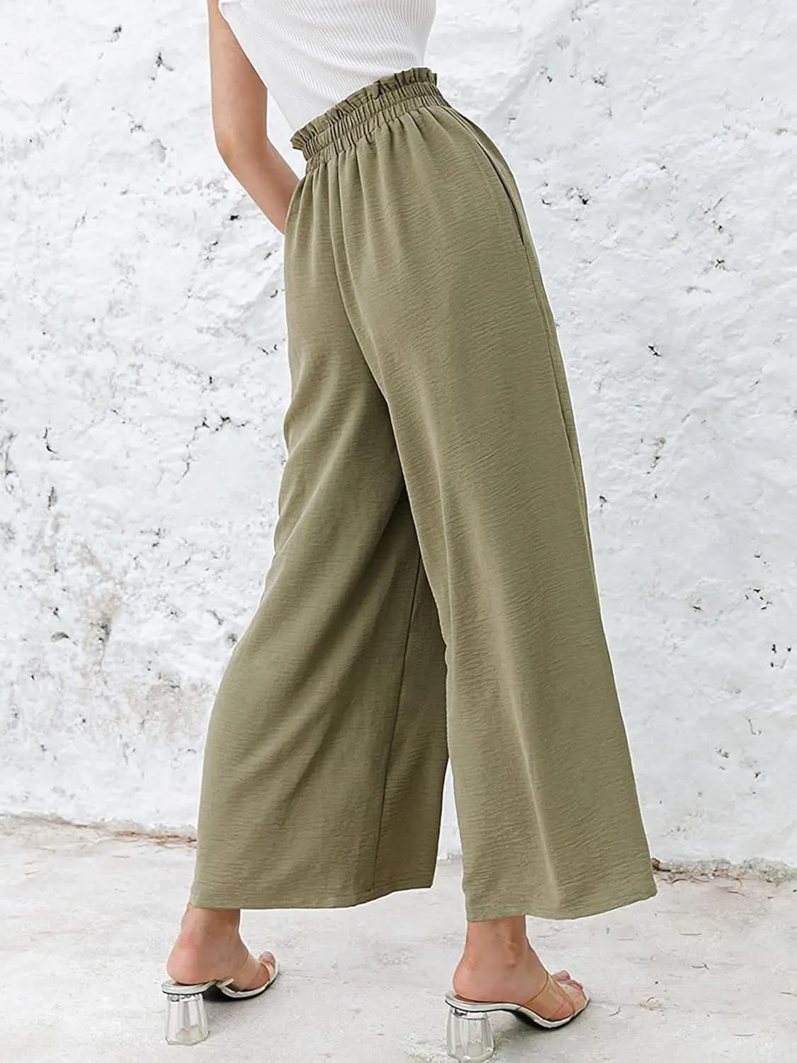 Linen Pants Women Boho High Waisted Palazzo Pants Flowy Trousers with Pockets Summer Beach Wide Leg Flowy Pant 2025