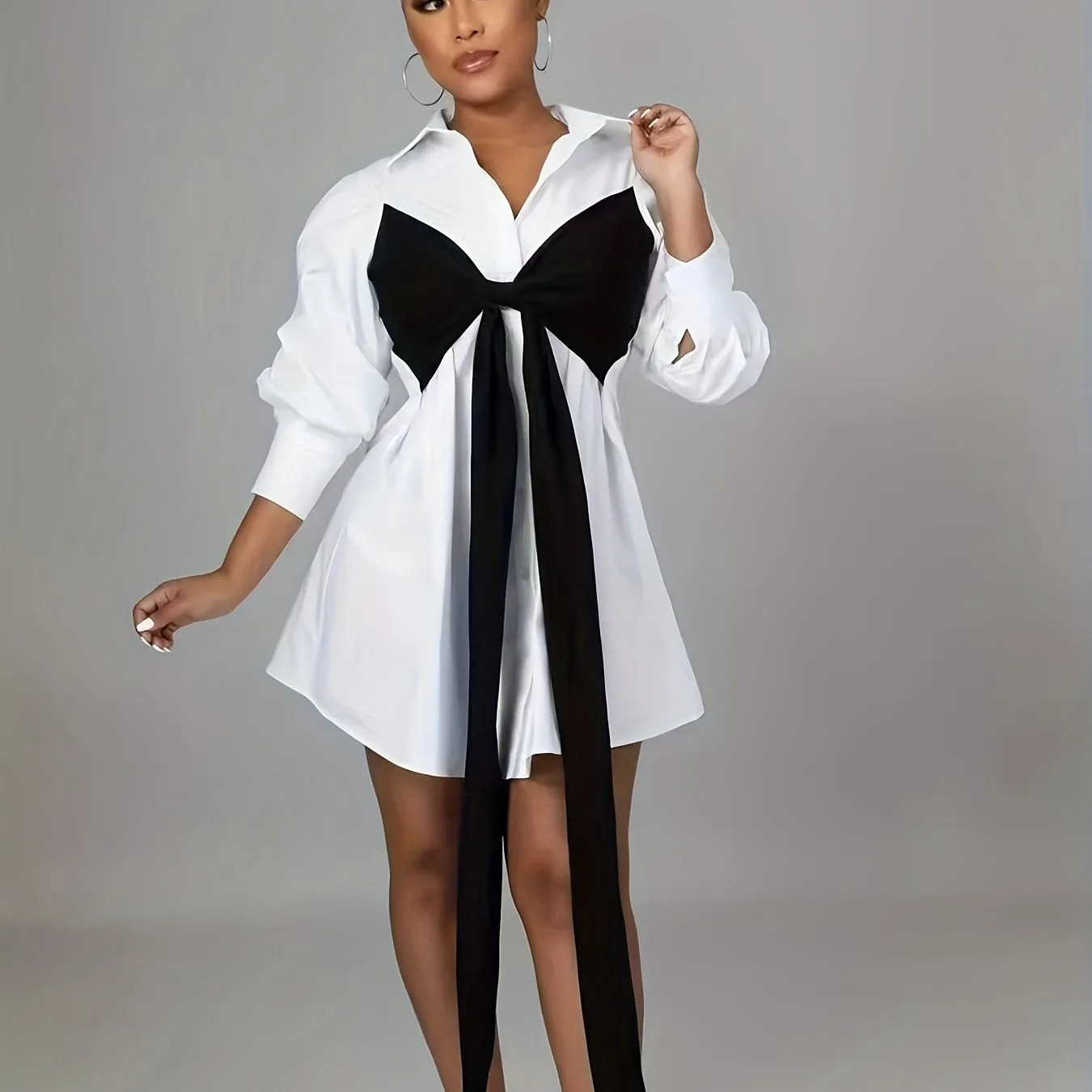 Long Sleeve Casual Tie-Front Shirt Dress