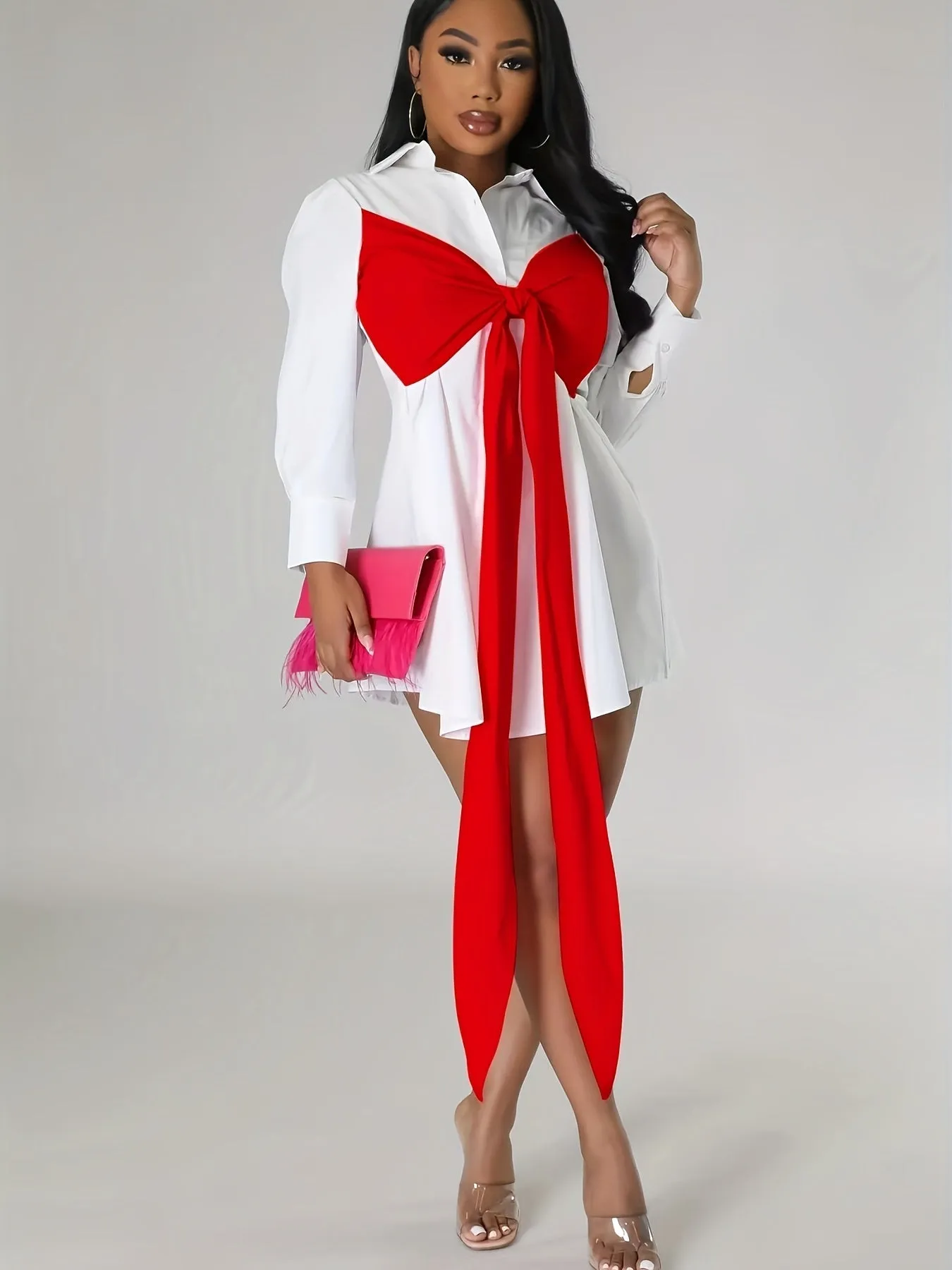 Long Sleeve Casual Tie-Front Shirt Dress