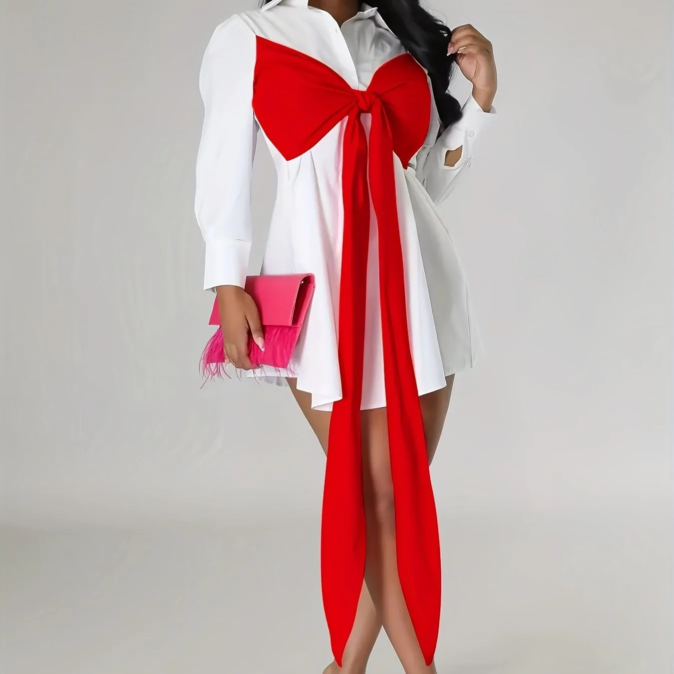 Long Sleeve Casual Tie-Front Shirt Dress