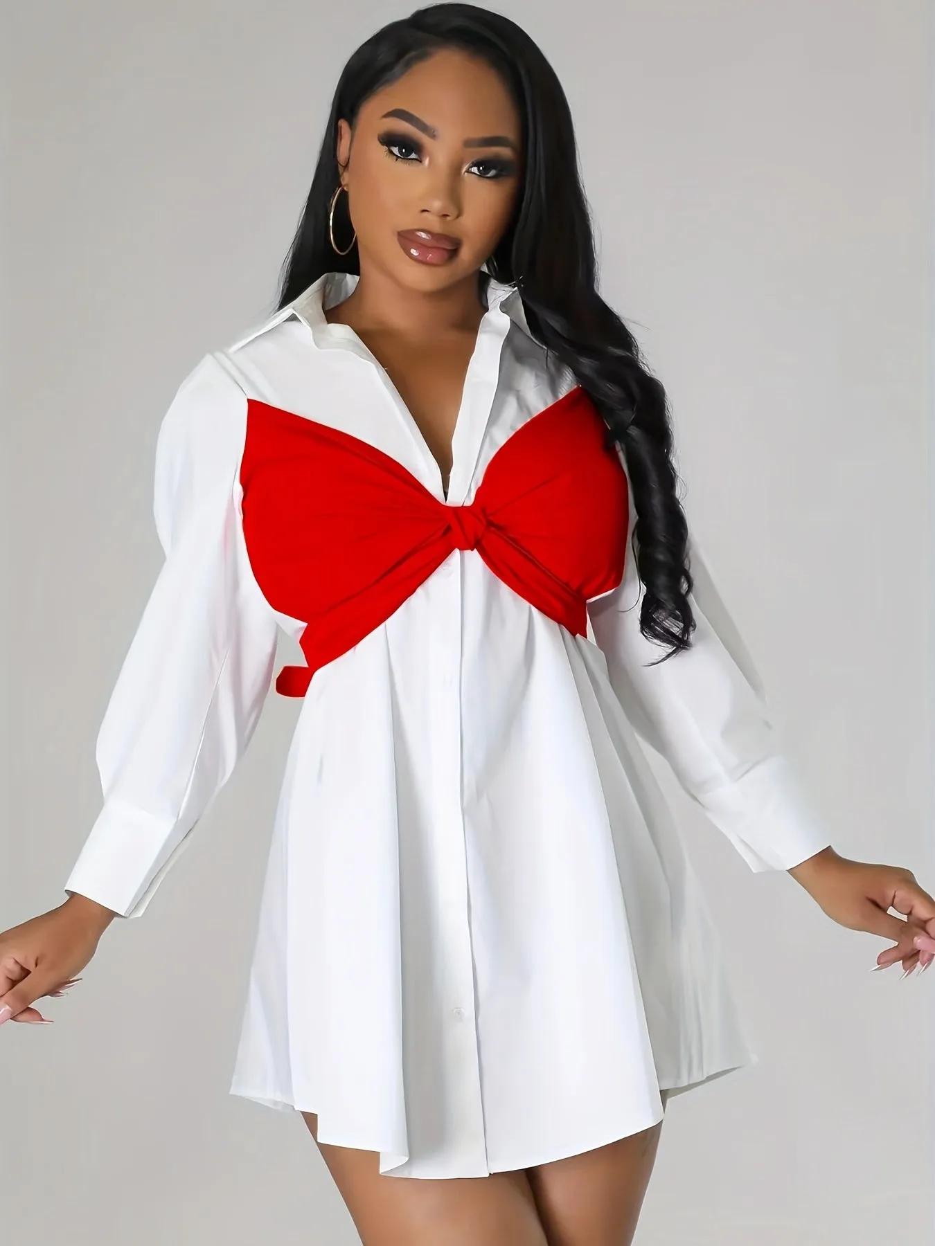 Long Sleeve Casual Tie-Front Shirt Dress