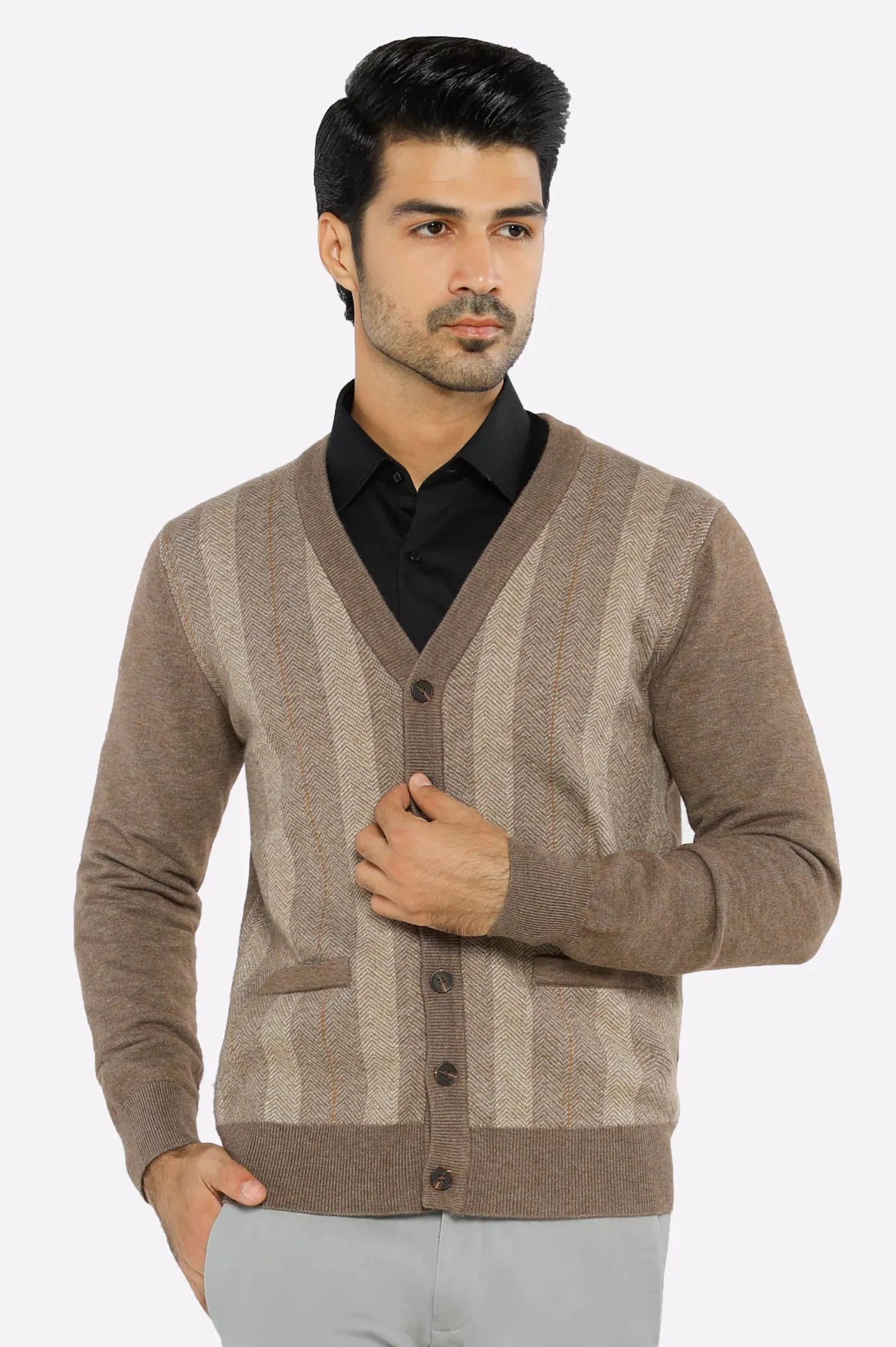 Men Full Sleeves Light Fawn Cardigan