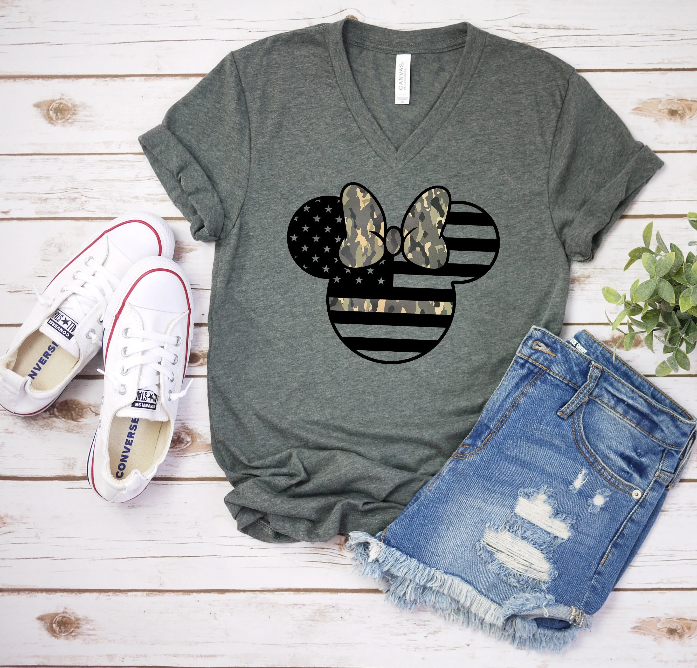 Minnie Army Camouflaged - Adult Unisex T shirt -  Armed Forces - Military Minnie Mouse T Shirt-Stars and Stripes