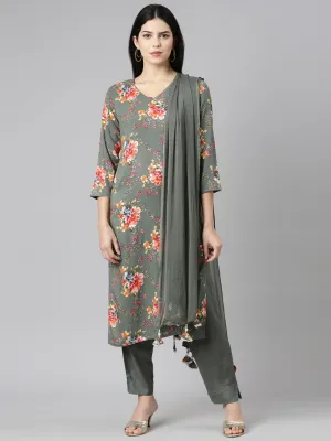 Neeru's Olive Regular Straight Printed Kurta And Trousers With Dupatta