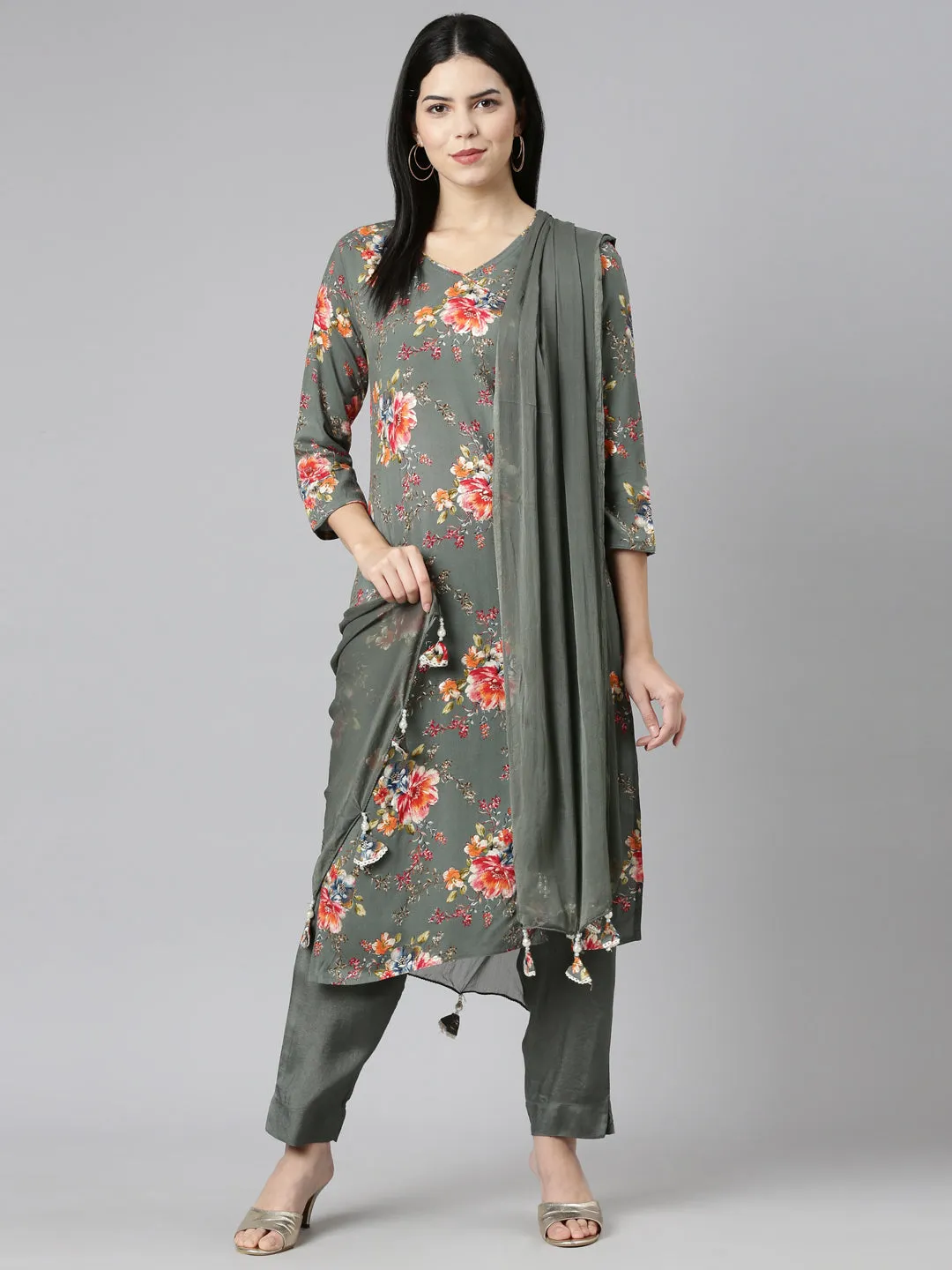 Neeru's Olive Regular Straight Printed Kurta And Trousers With Dupatta