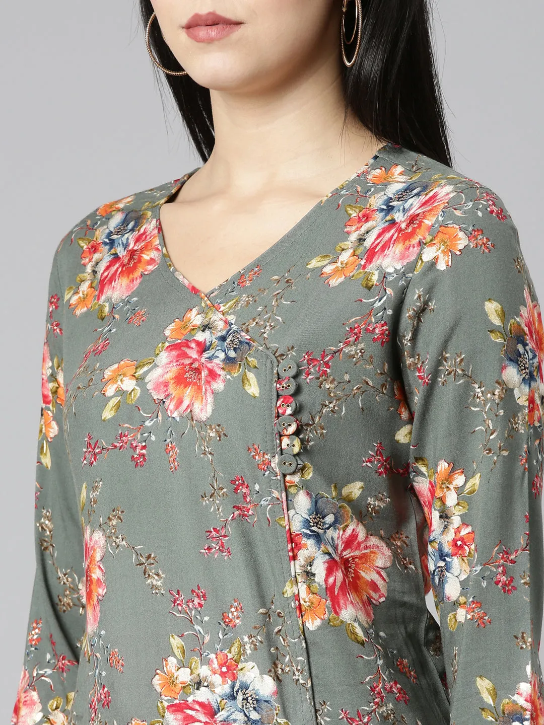 Neeru's Olive Regular Straight Printed Kurta And Trousers With Dupatta