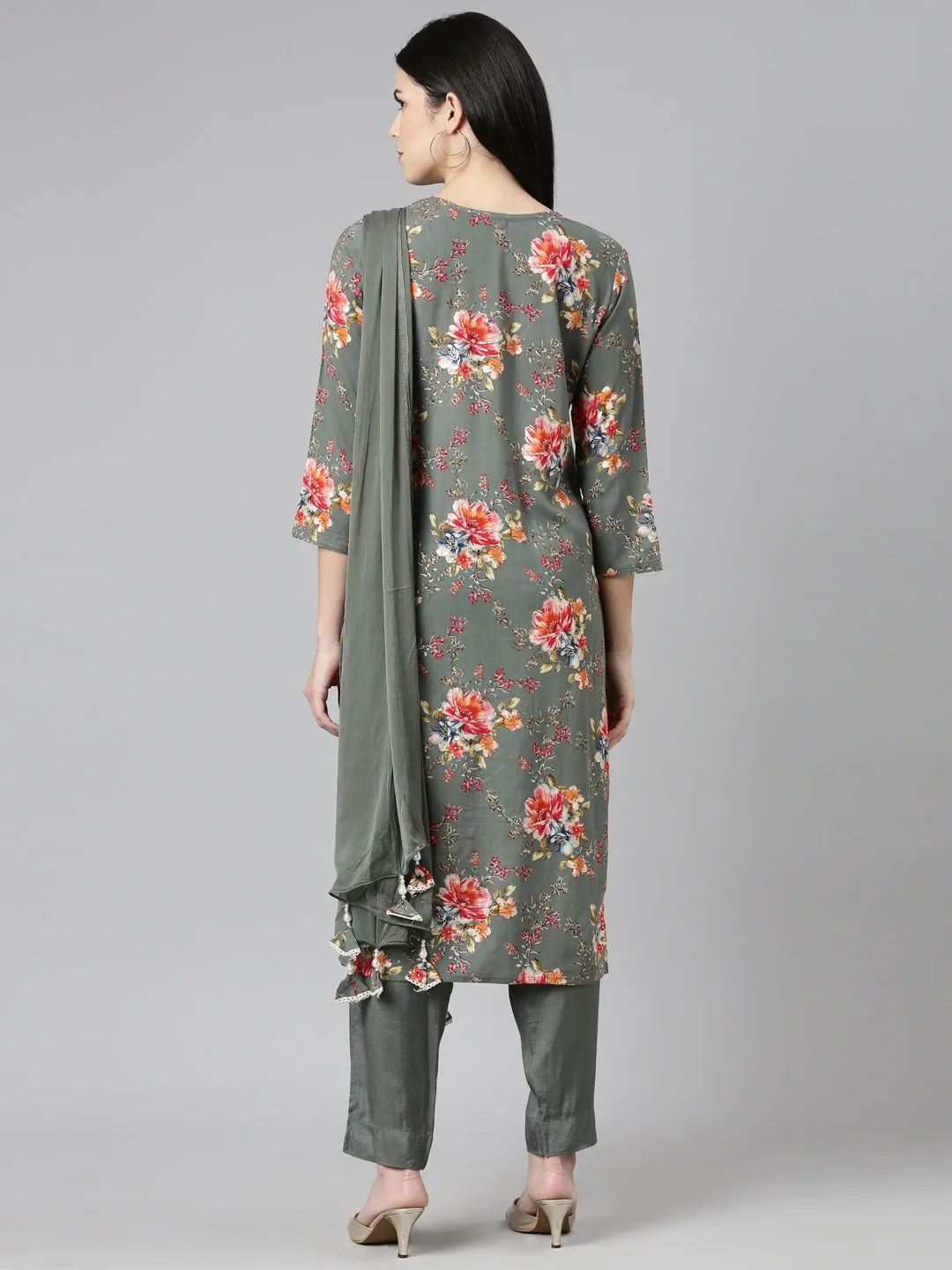 Neeru's Olive Regular Straight Printed Kurta And Trousers With Dupatta