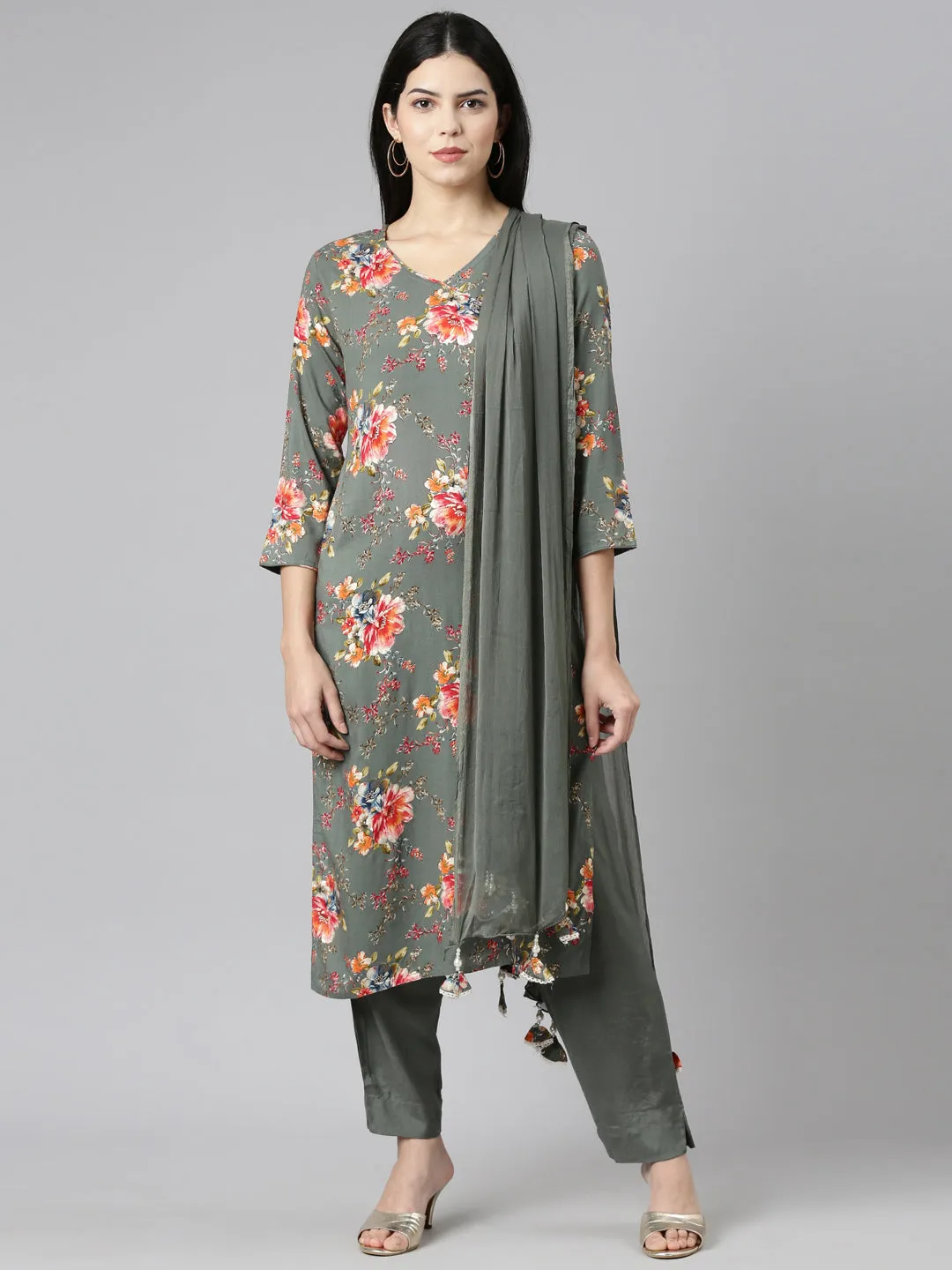 Neeru's Olive Regular Straight Printed Kurta And Trousers With Dupatta