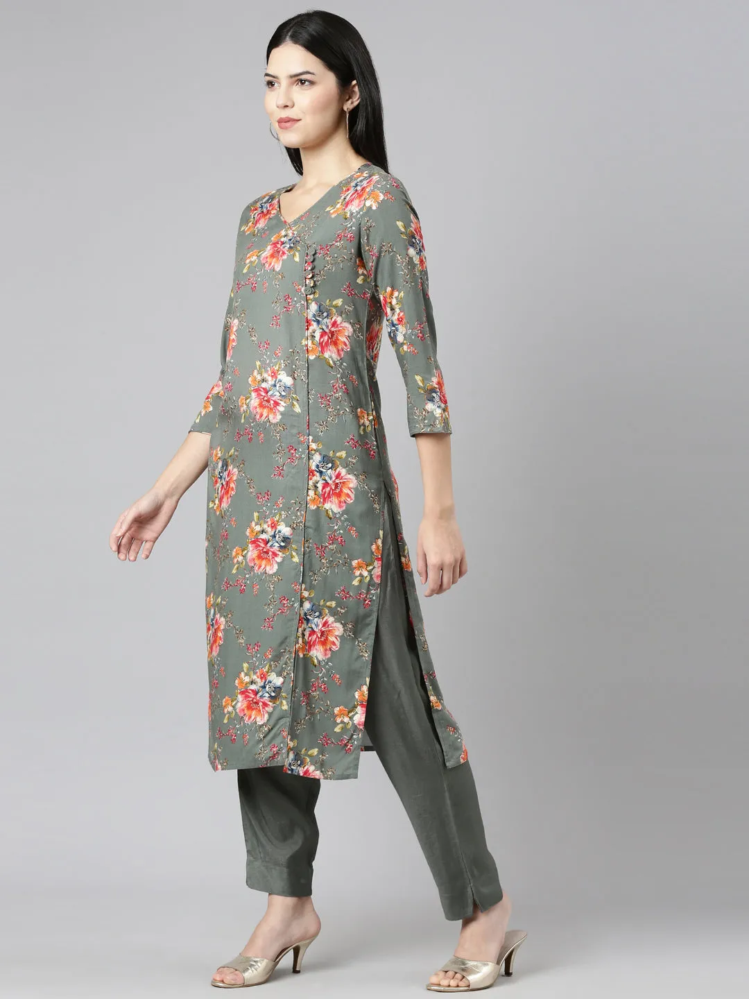 Neeru's Olive Regular Straight Printed Kurta And Trousers With Dupatta