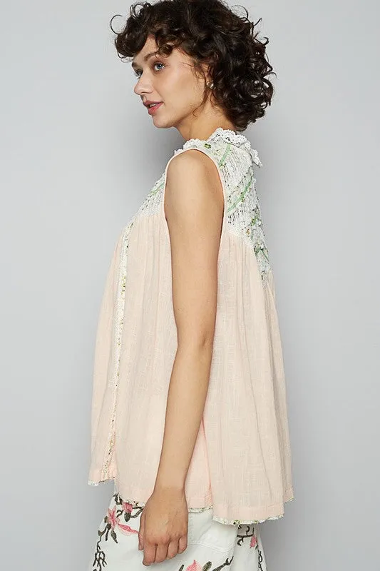 POL Lace Detail Floral Sleeveless Rayon Gauze Top In Watermelon