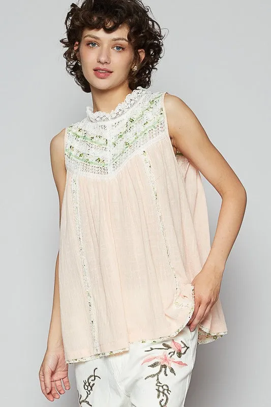 POL Lace Detail Floral Sleeveless Rayon Gauze Top In Watermelon