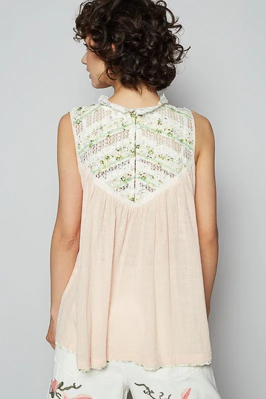 POL Lace Detail Floral Sleeveless Rayon Gauze Top In Watermelon