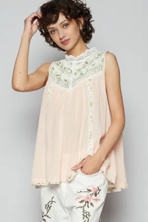 POL Lace Detail Floral Sleeveless Rayon Gauze Top In Watermelon