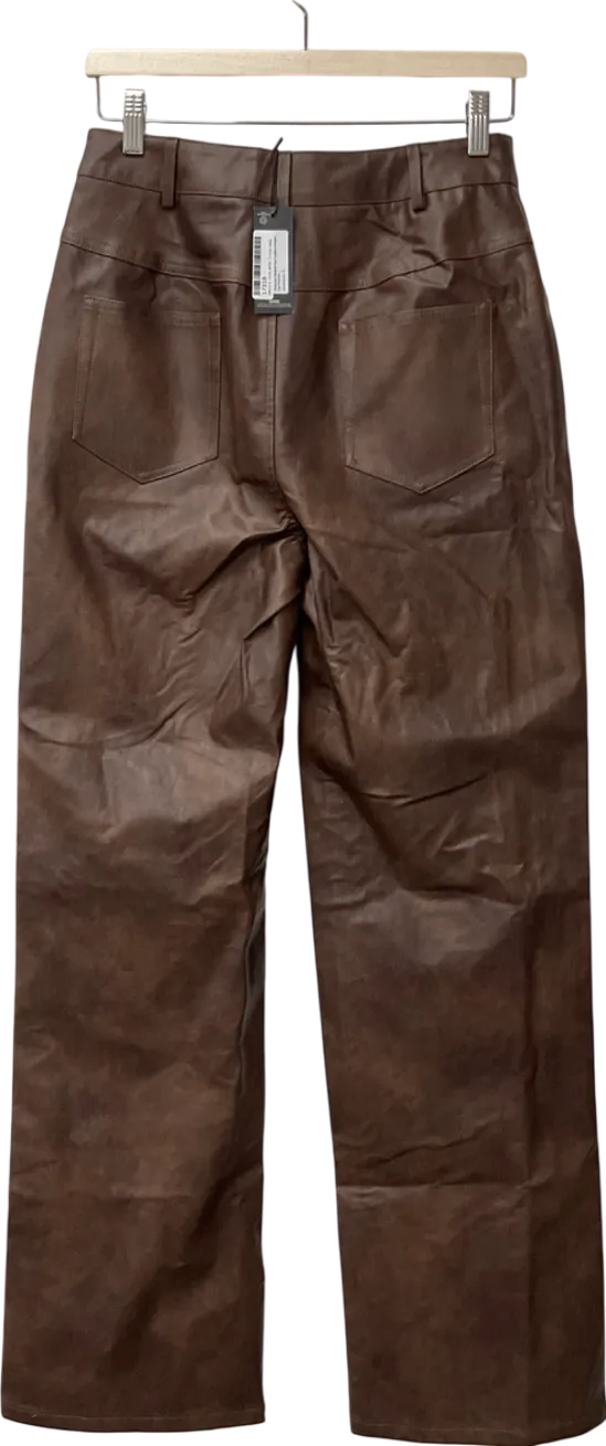 PrettyLittleThing Brown Chocolate Washed Faux Leather Straight Leg Trousers UK 10
