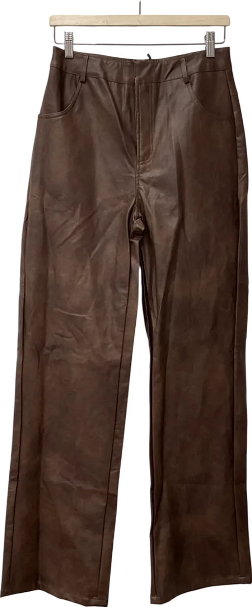 PrettyLittleThing Brown Chocolate Washed Faux Leather Straight Leg Trousers UK 10