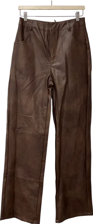PrettyLittleThing Brown Chocolate Washed Faux Leather Straight Leg Trousers UK 10