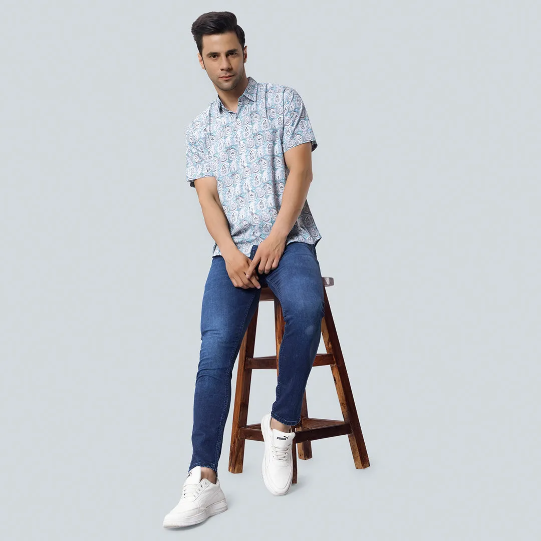 Rayon Apostrophe Print Turquoise Shirts for Men