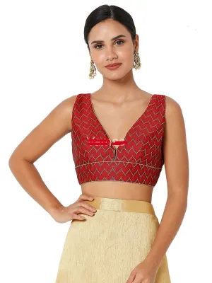 Readymade Womens Brocade Padded Back Open Elbow Maroon Sleeves Saree Blouse