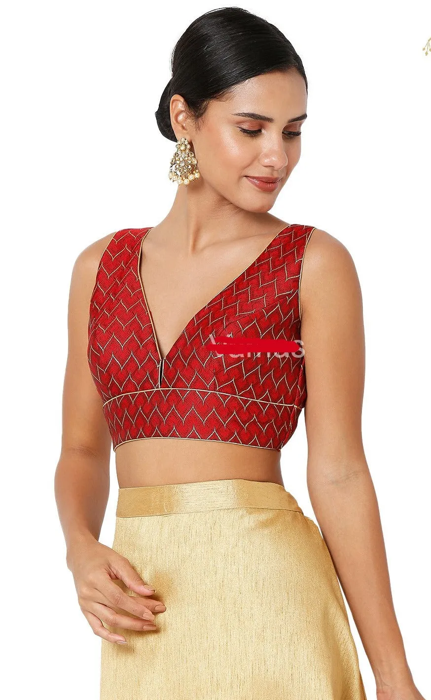 Readymade Womens Brocade Padded Back Open Elbow Maroon Sleeves Saree Blouse