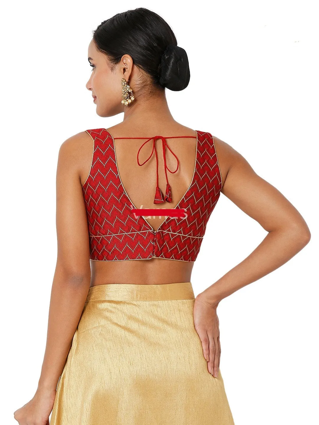 Readymade Womens Brocade Padded Back Open Elbow Maroon Sleeves Saree Blouse