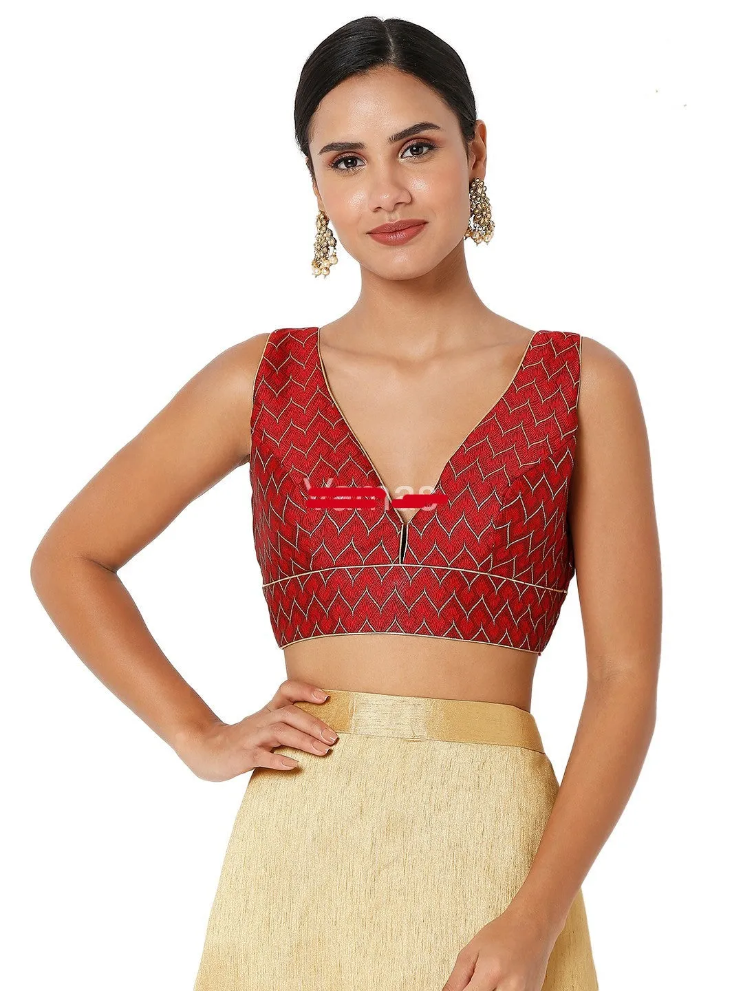 Readymade Womens Brocade Padded Back Open Elbow Maroon Sleeves Saree Blouse