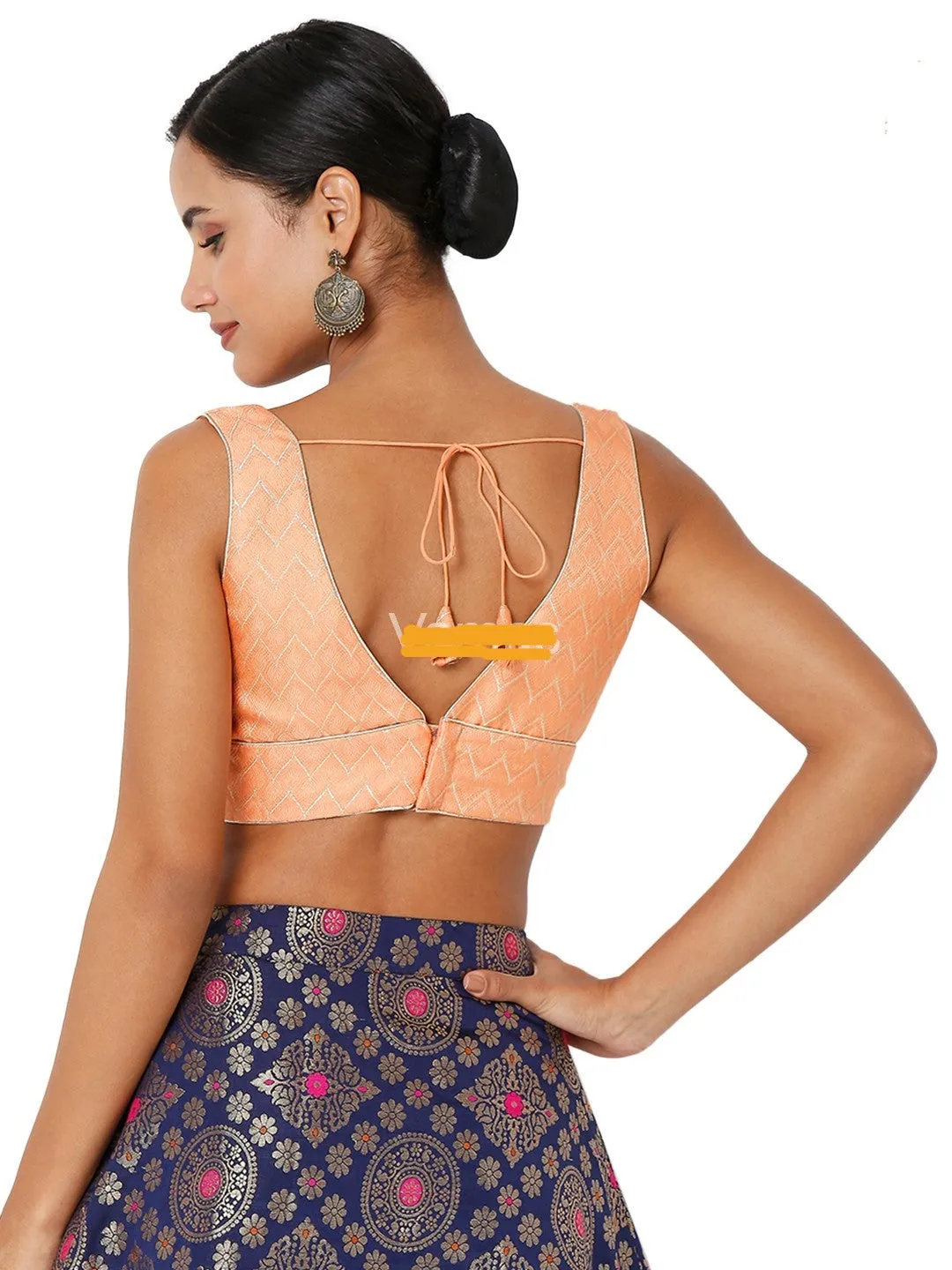 Readymade Womens Brocade Padded Back Open Elbow Peach Sleeves Saree Blouse