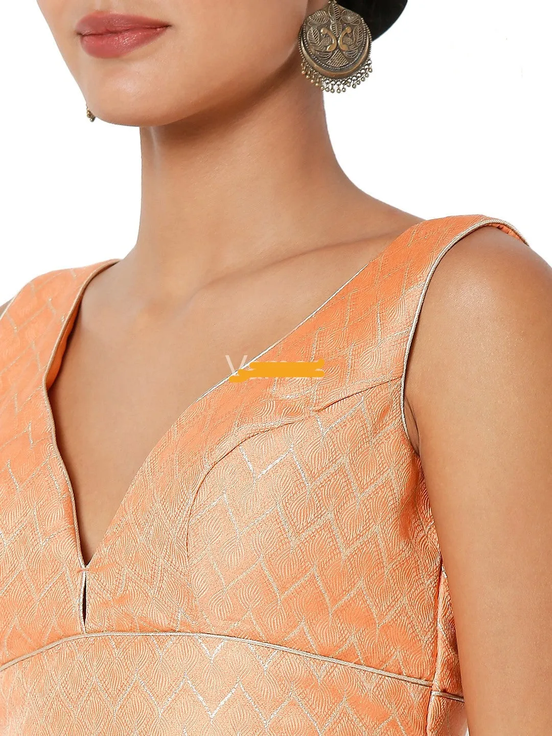 Readymade Womens Brocade Padded Back Open Elbow Peach Sleeves Saree Blouse