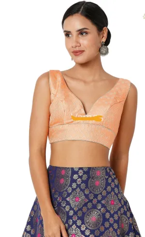 Readymade Womens Brocade Padded Back Open Elbow Peach Sleeves Saree Blouse