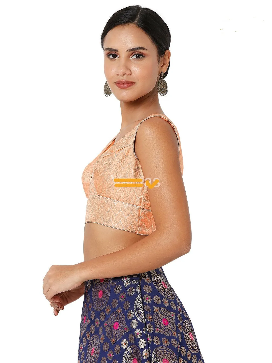 Readymade Womens Brocade Padded Back Open Elbow Peach Sleeves Saree Blouse