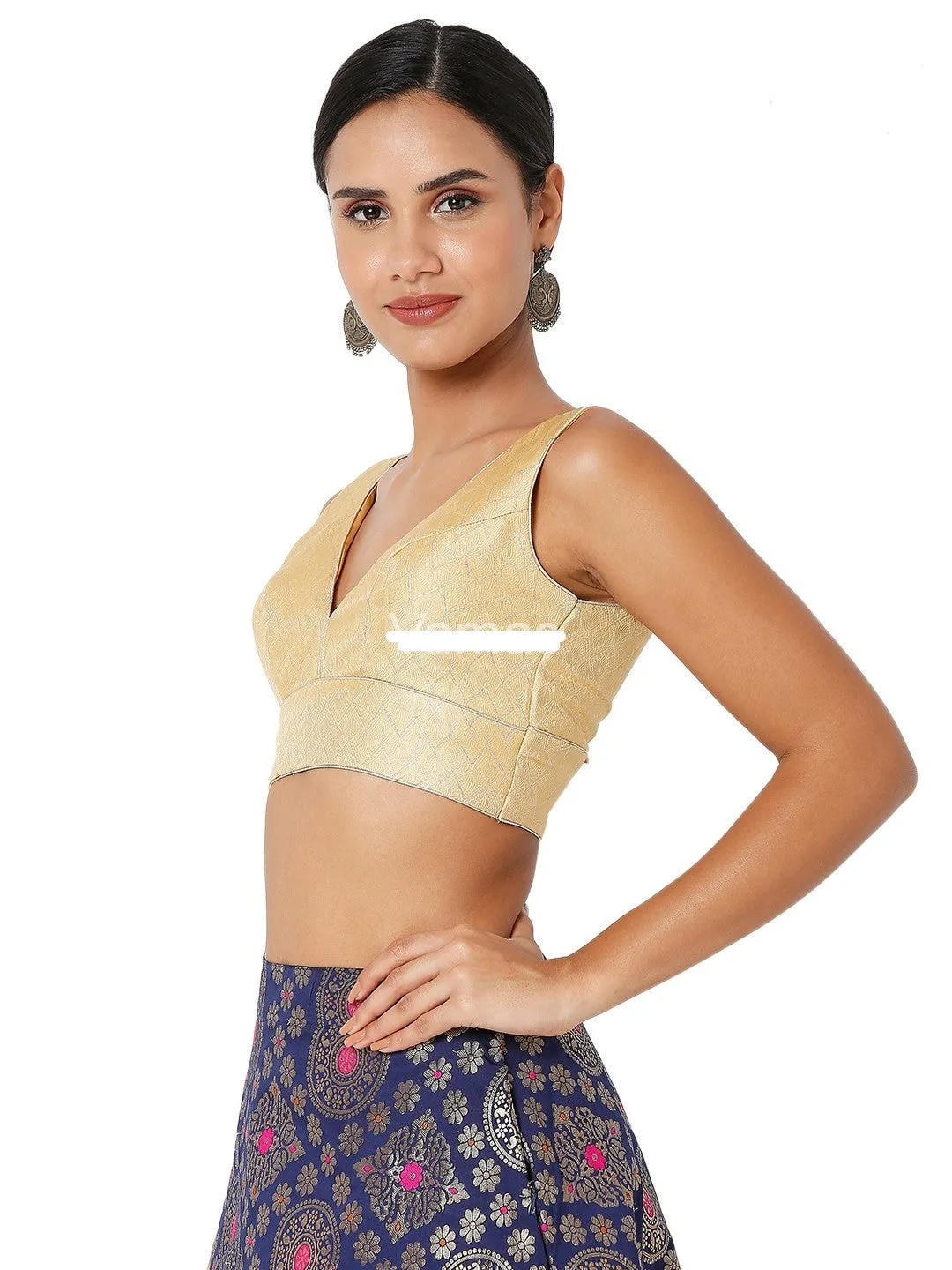 Readymade Womens Brocade Padded Back Open Elbow Sleeves Gold Saree Blouse