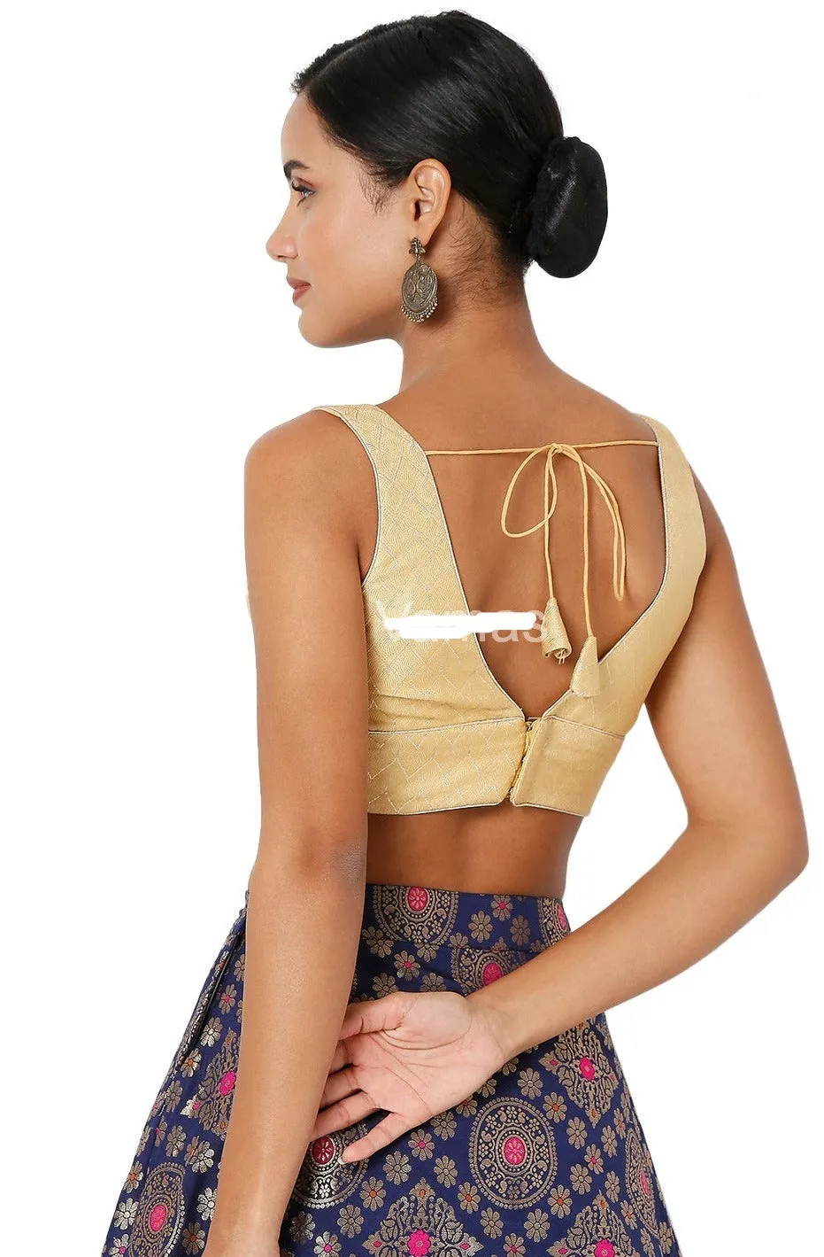 Readymade Womens Brocade Padded Back Open Elbow Sleeves Gold Saree Blouse