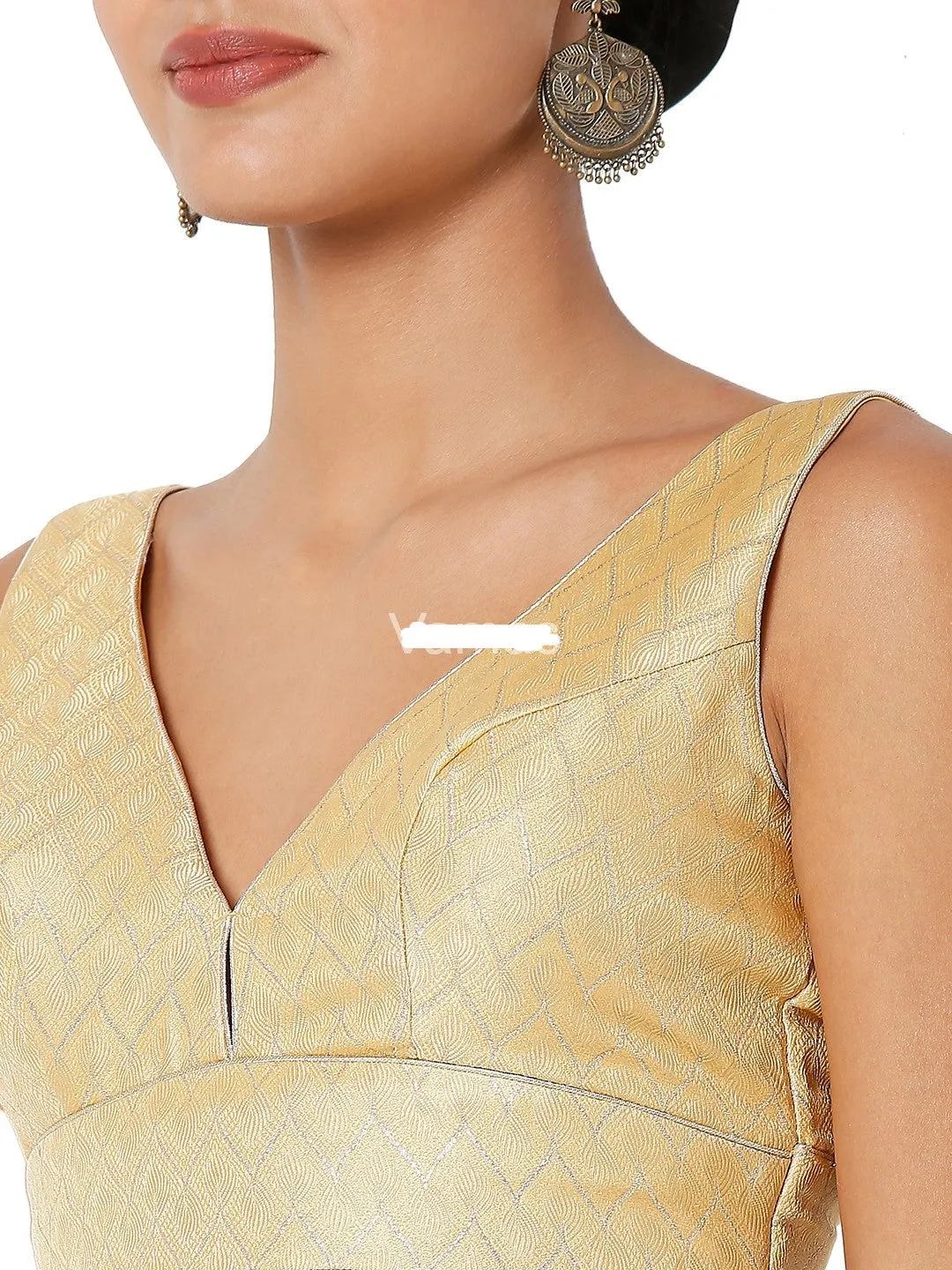 Readymade Womens Brocade Padded Back Open Elbow Sleeves Gold Saree Blouse