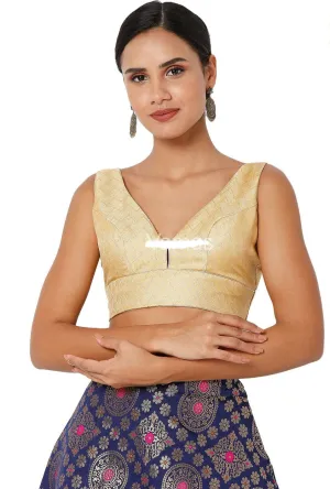 Readymade Womens Brocade Padded Back Open Elbow Sleeves Gold Saree Blouse